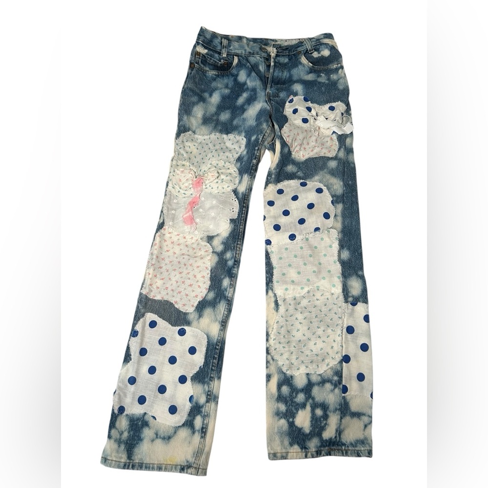 Levi’s Reworked Blue and White Patchwork Straight Leg Jeans 28” Waist